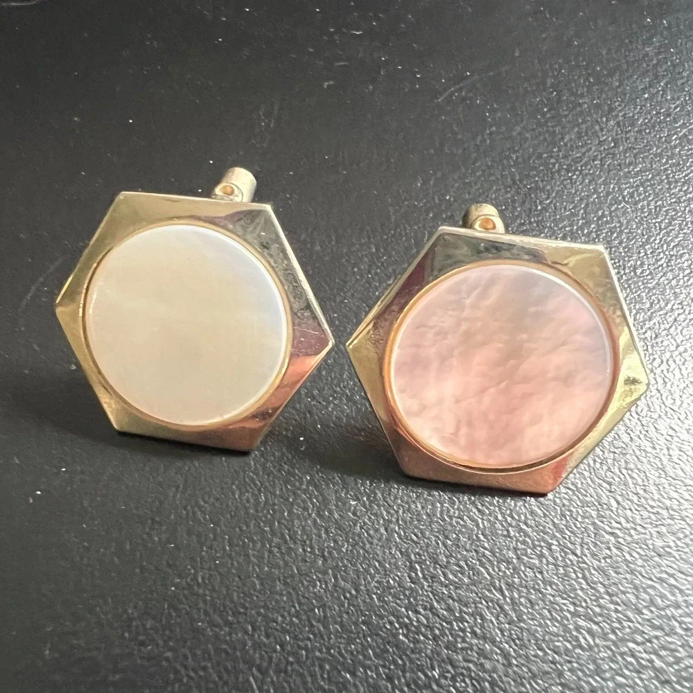 Vintage Faux Mother Of Pearl Hexagon Cufflinks Gold Tone Menswear Classic Dressy